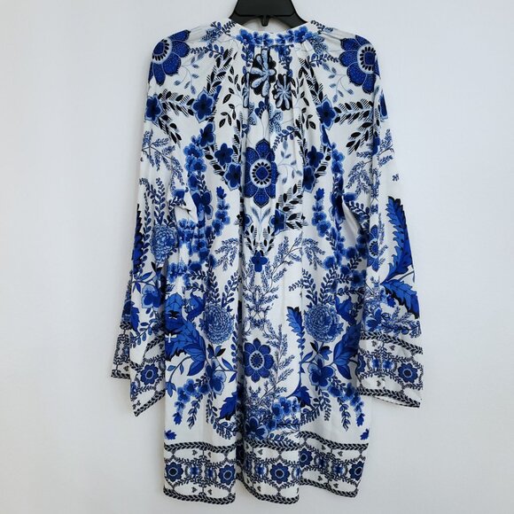 A Loves A Women's Floral Blu/White V-Neck Tassel Peasant Dress Size Large - Picture 9 of 15